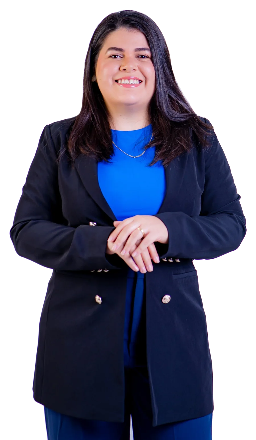 Dra. Hanna Emile, ortopedista pediátrica, sorrindo, de blazer preto e blusa azul